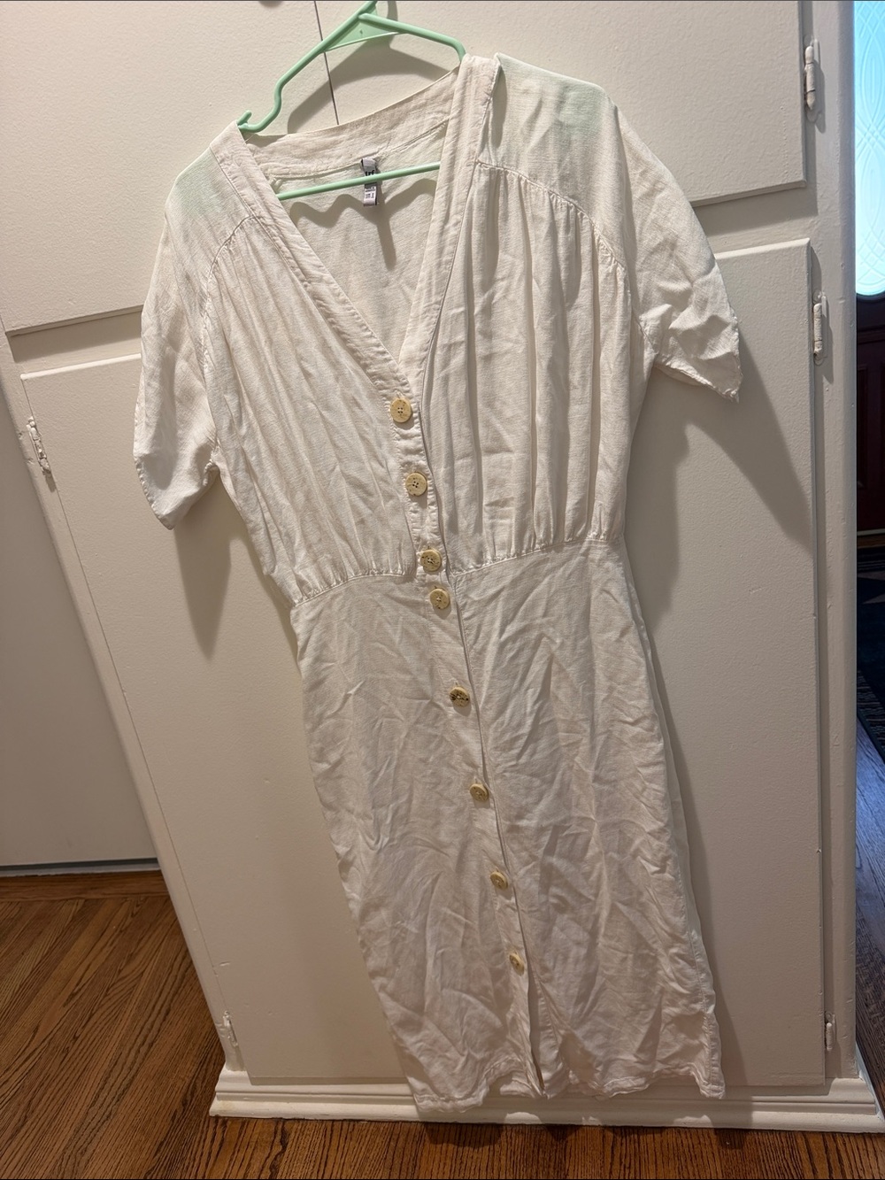 White Button-Front Midi Dress with V-Neck